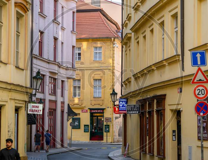 A Quiet Street With Zebra Crossing In The Old Town District Of Prague, Czech Republic
