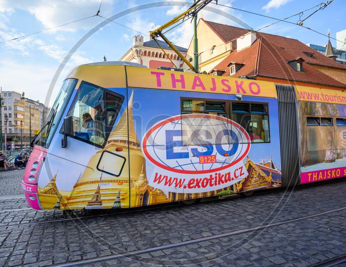 Close Up Of An Electric Tram On The Cobbled Streets Of The Old Town District Of Prague