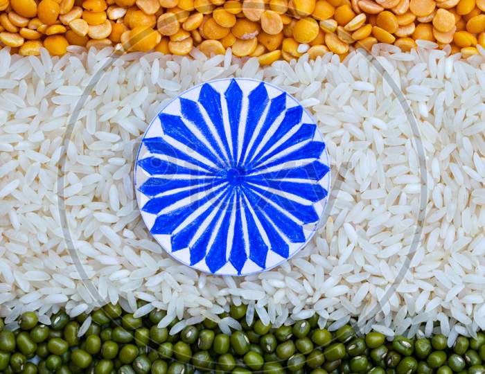 Indian flag, tiranga, tricolor, made with arhar dal, rice and moong dal, top view, image
