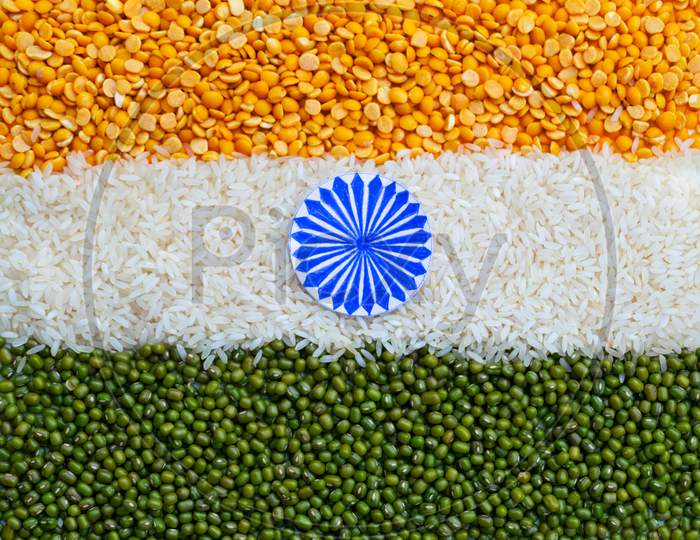 Indian flag, tiranga, tricolor, made with arhar dal, rice and moong dal, top view, image