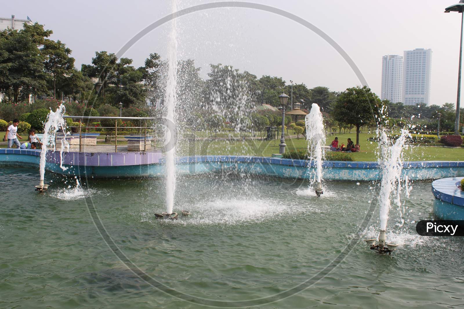 Water fountain and water lake partial display with selective focus at Eco Park, Rajarhat, Kolkata, a famous public tourist spot.