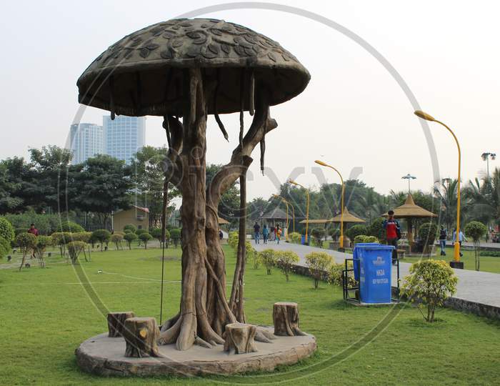 Kolkata, West Bengal/India - December 2, 2018: Sitting place decoration and a public park for relaxation and recreation, at ECO PARK, New Town.