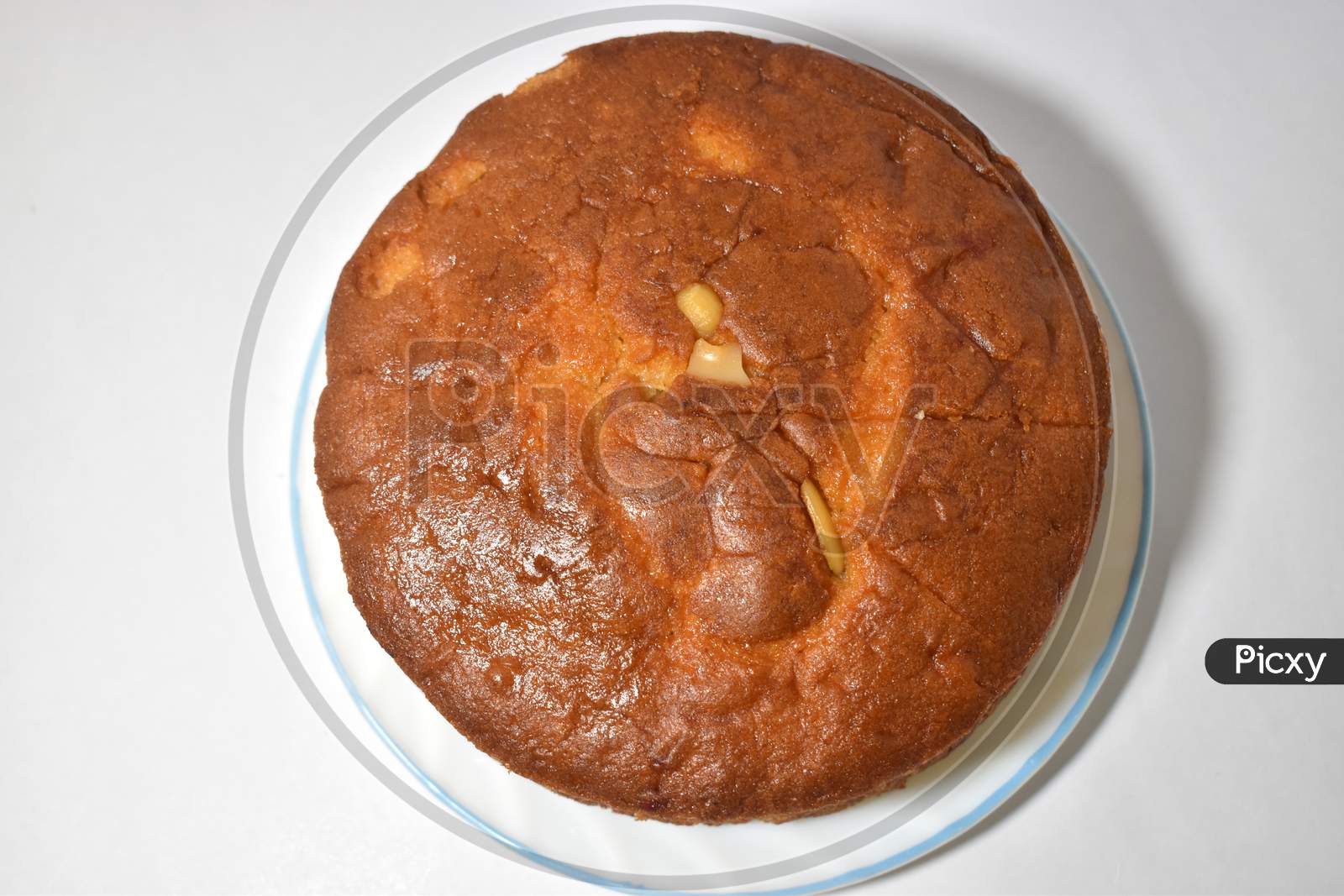 Freshly round baked Sponge Vanilla cake with Kaaju (Cashew) mix isolated on the white background. Delicious chocolate cake on table close-up Side View.