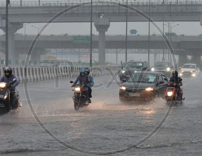 Traffic Congestion Is Seen As Commuters Get Stuck On The Water-Logged Road, Near Ito, On July 22, 2020 In New Delhi, India.