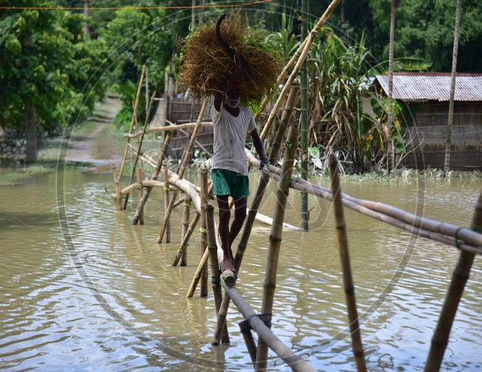 A Villager Uses A Makeshift Bamboo Bridge To Cross A Flooded Area At The Flood-Affected Laokhowa Wildlife Sanctuary In Nagaon District Of Assam On July 25,2020.