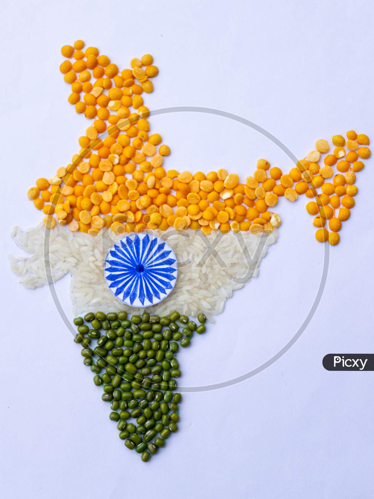 Indian map, tiranga, tricolor made with arhar dal, rice and moong dal, closeup, independence day, republic day, concept, food, image
