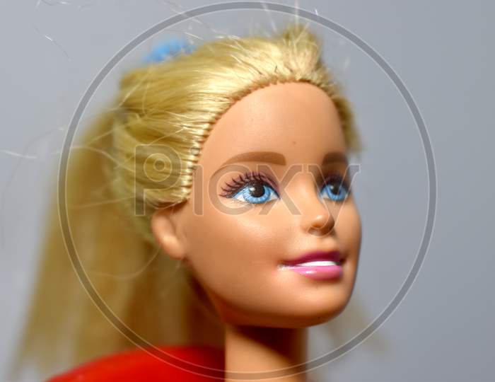 A beautiful barbie doll face with a long golden hair. Stylish doll. Editorial use only.
