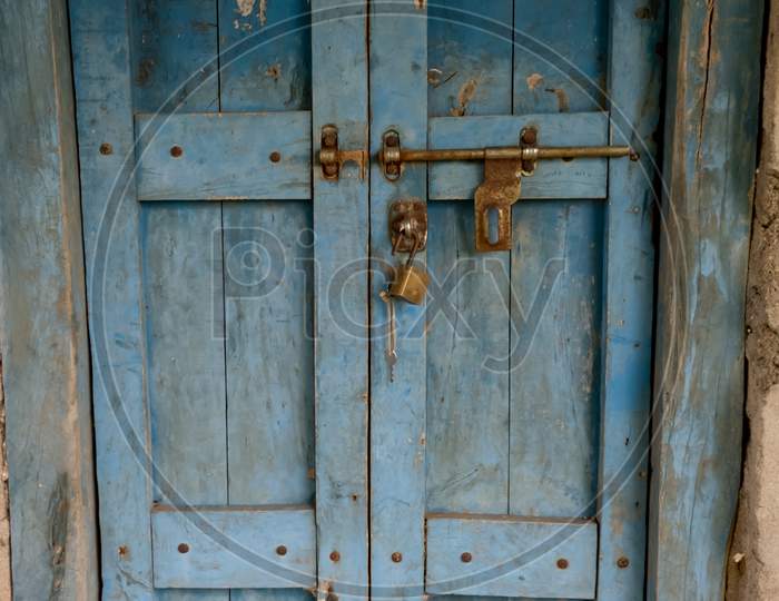 Door in the blue city of Jodhpur. Old doors.