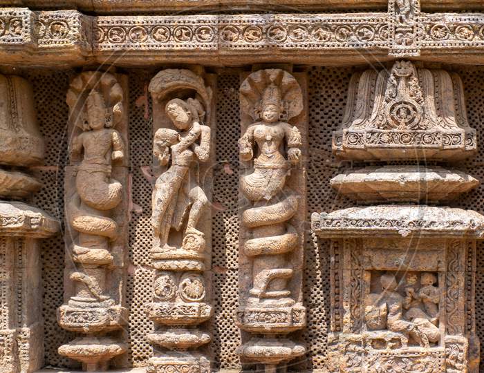 Stone Carvings On 13th century Ancient Hindu world heritage conservation Architecture At Konark Sun Temple Odisha