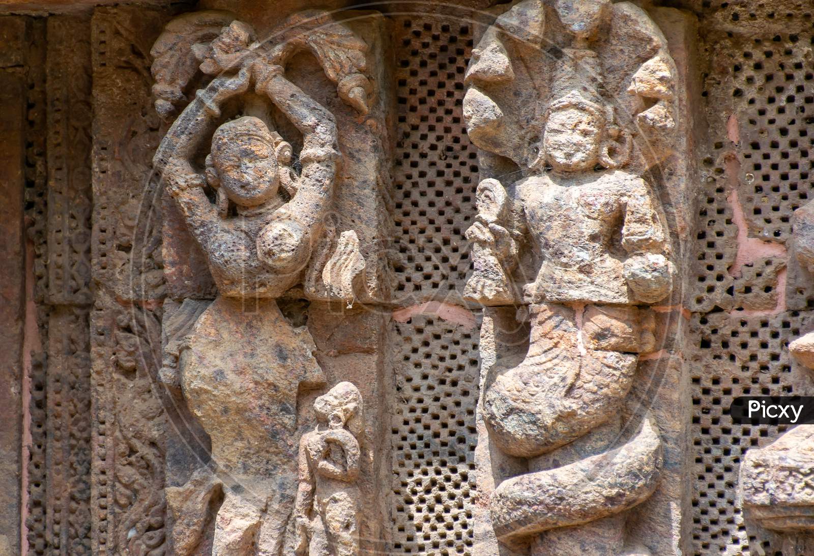Stone Carvings On 13th century Ancient Hindu world heritage conservation Architecture At Konark Sun Temple Odisha