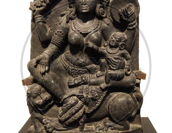 Seated Devi Indian Ancient Sculpture Displayed In Indian Museum,Kolkata