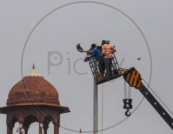 Workers Are Seen Near Red Fort In New Delhi, India, 25 July 2020, As Preparations Begin Ahead Of The Independence Day Which Is Celebrated On 15 August In India.