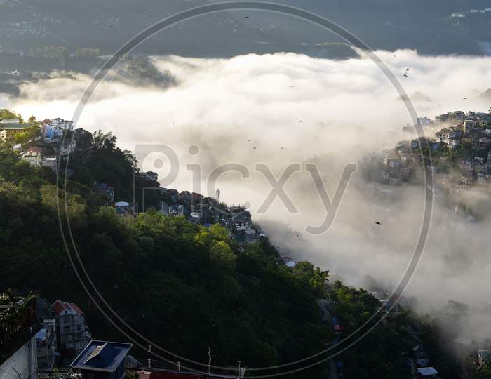 Mist and fog covering Aizawl city, the capital of Mizoram