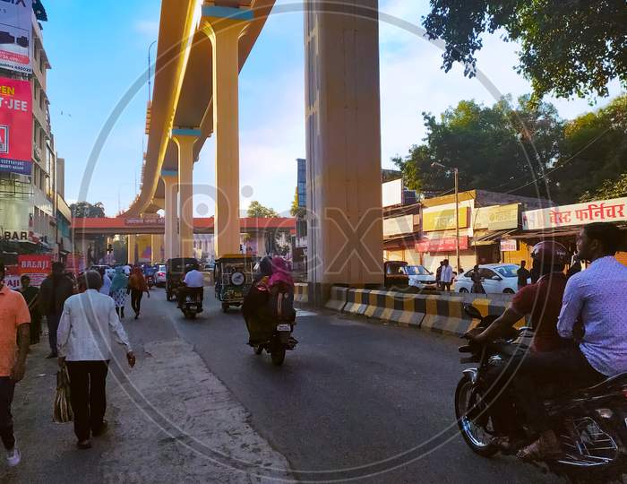Metro Pillars at Ambazari Road, Near jhashi Rani Square, Nagpur, Maharashtra, India on 26th january, 2020. The most crowded area in Nagpur City.