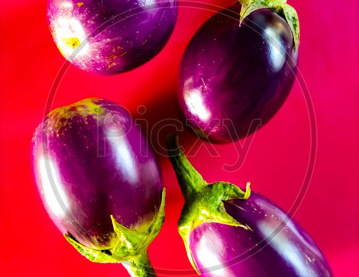 Four Fresh Eggplants Isolated On Pink Background