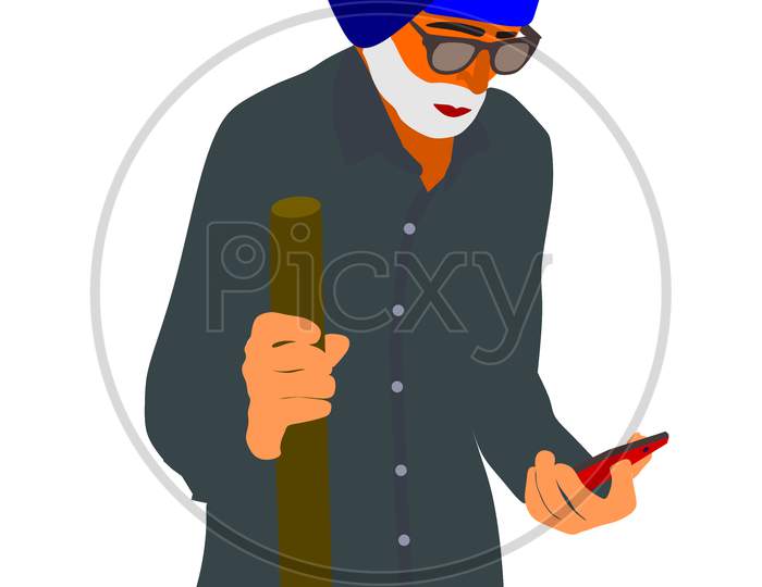 Village Poor Old Man Cartoon Watching Smart Phone Technology