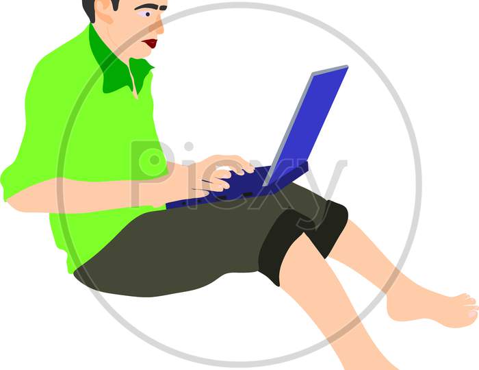 Village Man Cartoon Operating Laptop Isolated