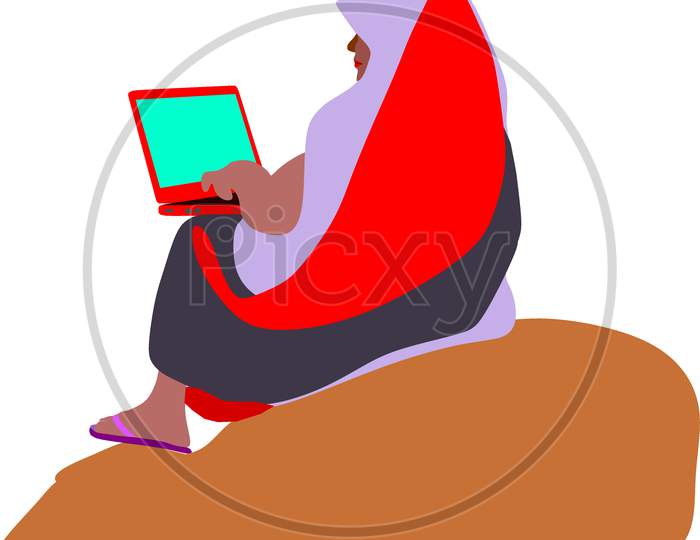 Farmer Woman Cartoon Operating Laptop Technology Illustration.