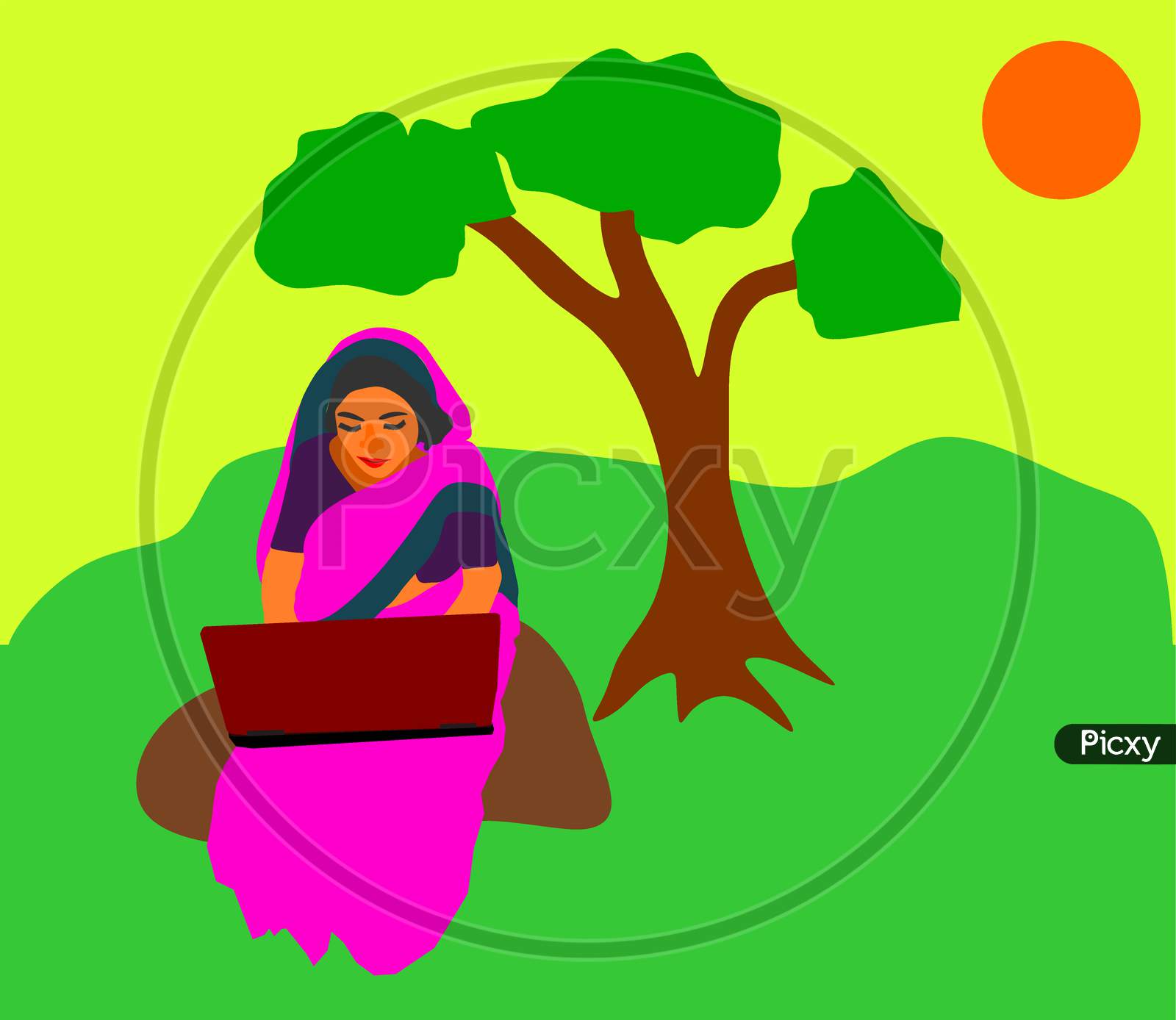 Lady Cartoon Operating Laptop Illustration.