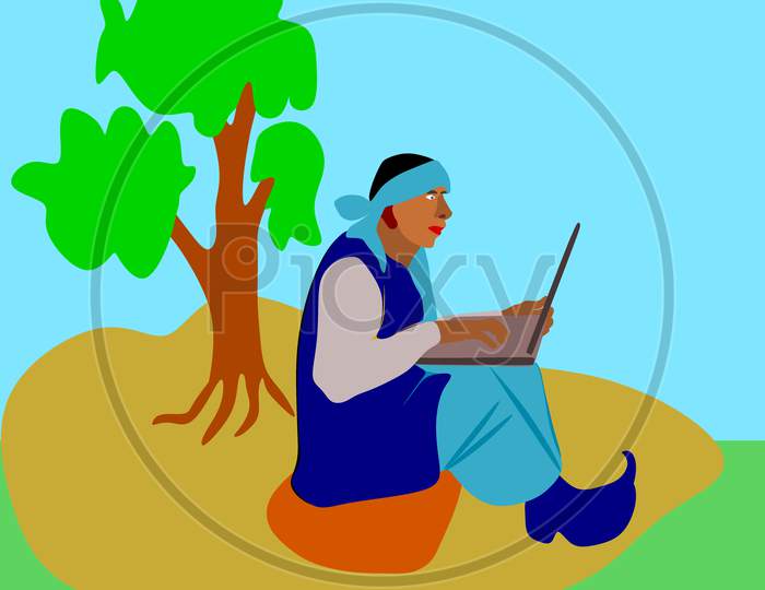 Poor Farmer Man Cartoon Operating Laptop Illustration.