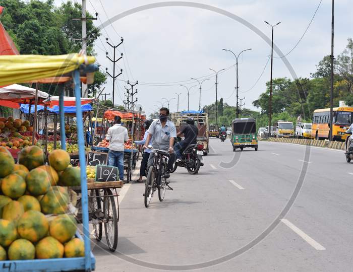 Hyderabad, Telangana, India. July-22-2020: Man Wearing Face Mask On The Road , Peoples Wearing Protective Face Mask At Road Side, Corona Pandemic Time