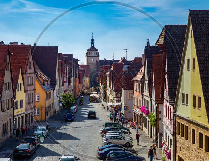 Rothenburg ob der tauber , Germany 09/15/2019 : Colorful old german buildings - old town
