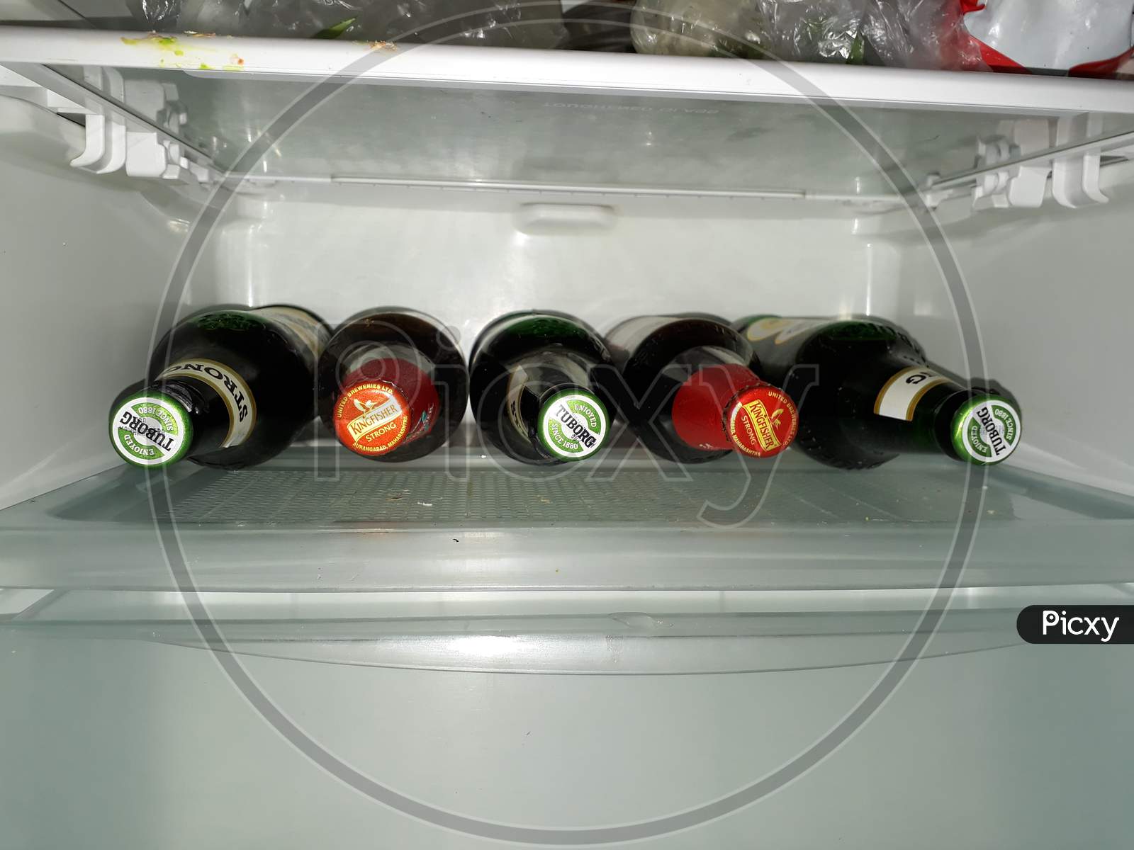 Refrigerator full of Beer Bottles