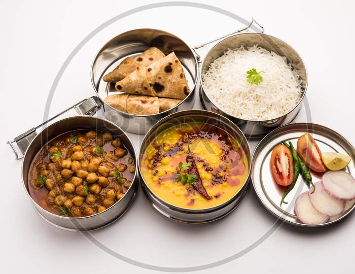 Indian Veg Lunchbox For Office Of Workplace With Chole, Dal Fry Rice And Chapati