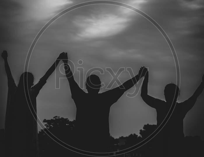 silhouette of people(friends) celebrating