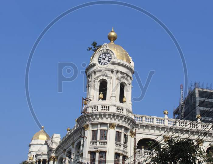 Cropped and partial view of famous 'Esplanade Mansion', at Esplanade East, Kolkata, West Bengal 700069.
