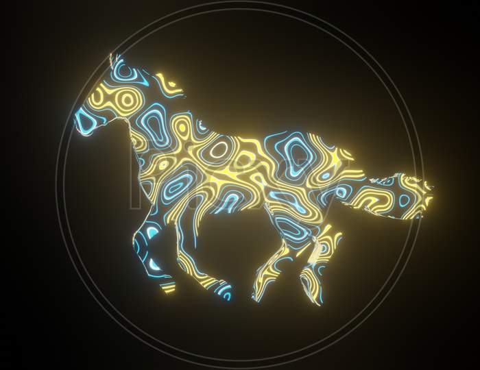 Illustration Graphic Of Beautiful Texture Or Pattern Formation On The Horse Body Shape, Isolated On Black Background. 3D Abstract Loop Neon Lighting Effect On Horse.