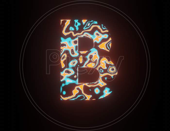 Illustration Graphic Of Beautiful Texture Or Pattern Formation On The Letter B, Isolated On Black Background. 3D Rendering Abstract Loop Neon Lighting Effect On Text B.