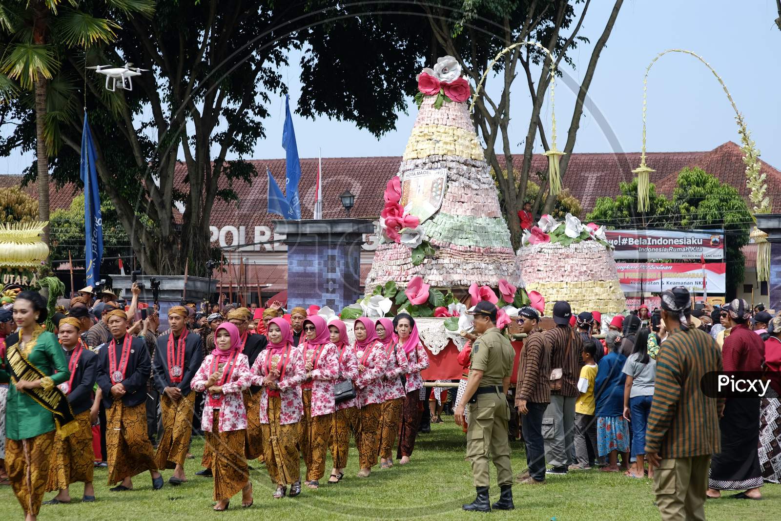 Gunungan Getuk traditional food made from cassava is paraded in the 1113th Anniversary of the City of Magelang