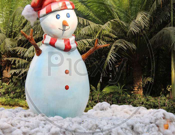 View of Man made dummy Snow man and ice for Christmas decoration at Park Street,  Kolkata.