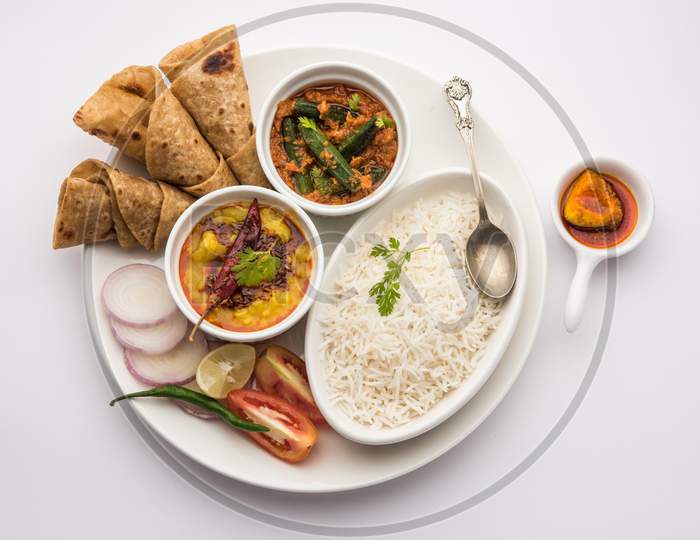 Indian Food Platter Or Thali Contains Vegetarian Recipes, A Complete Meal