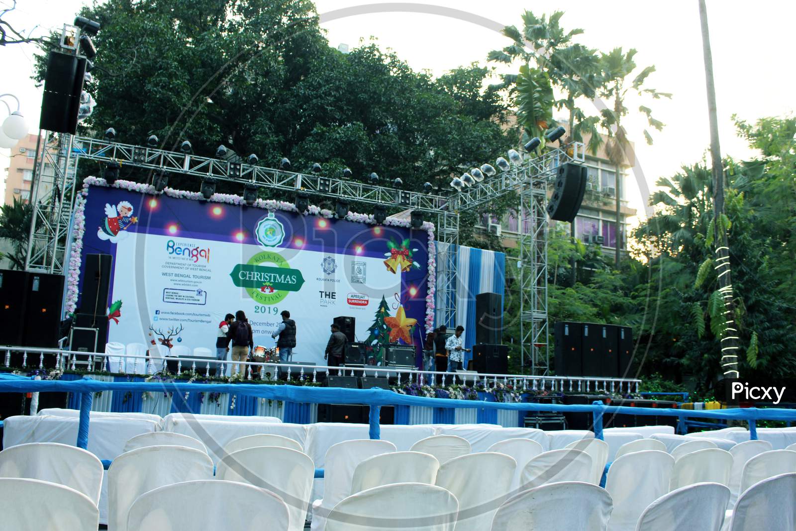 An empty open performance stage ready for Christmas function, at Park street, Allen Park, Kolkata.