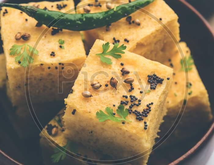 Gujarati Khaman Dhokla Or Steamed Gram Flour Puffy Snack Cake