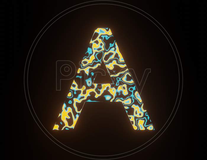 Illustration Graphic Of Beautiful Texture Or Pattern Formation On The Letter A, Isolated On Black Background. 3D Rendering Abstract Loop Neon Lighting Effect On Text A.