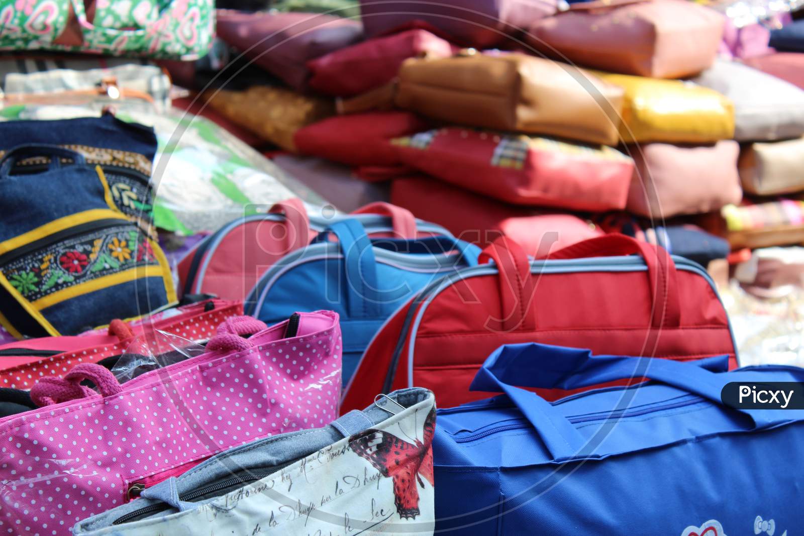 Variety of Bags selling on a open shop at a busy market, at Esplanade, Kolkata.
