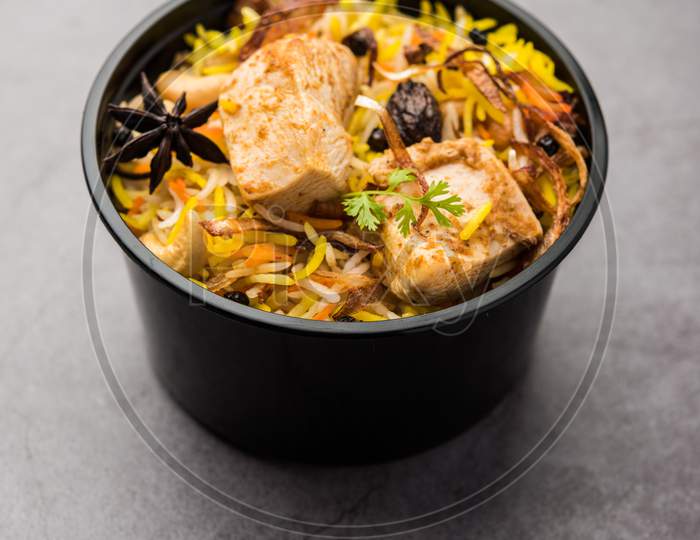 Chicken Biryani Is A Popular Non-Veg Food From India, Packed In Plastic Container