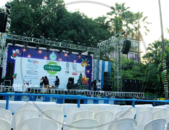 An empty open performance stage ready for Christmas function, at Park street, Allen Park, Kolkata.