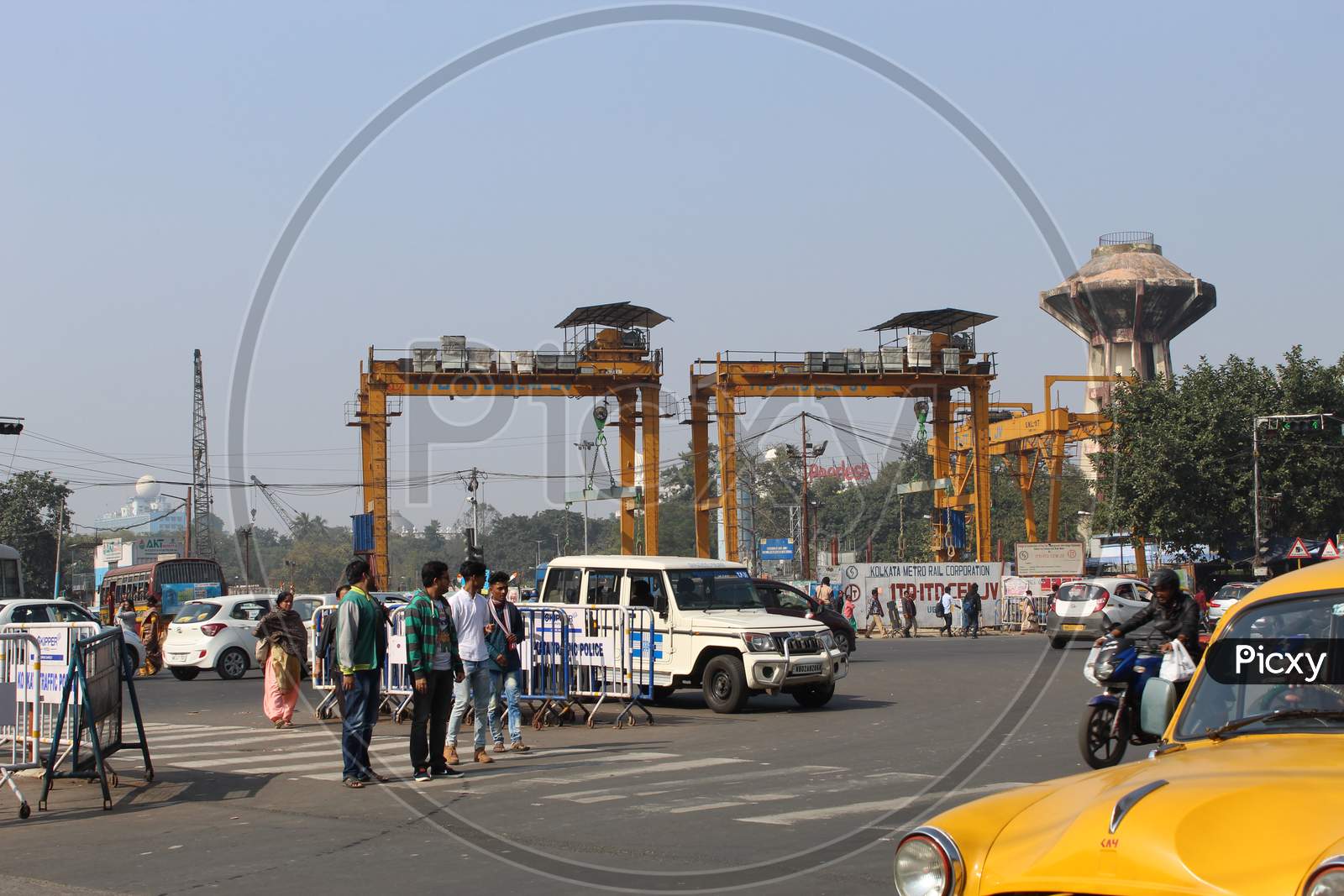 Kolkata, West Bengal/India - December 29, 2019: Partial view of famous `Esplanade Crossing` busy road view, at Esplanade, Dharmatala, Kolkata.