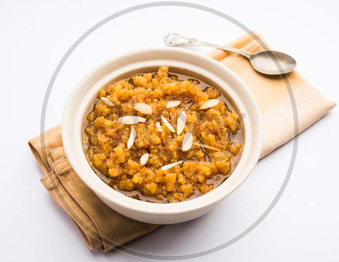 Moong Dal Halwa Or Mung Daal Halva Is An Indian Sweet / Dessert Recipe, Garnished With Dry Fruits