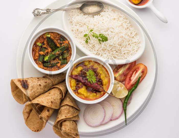 Indian Food Platter Or Thali Contains Vegetarian Recipes, A Complete Meal