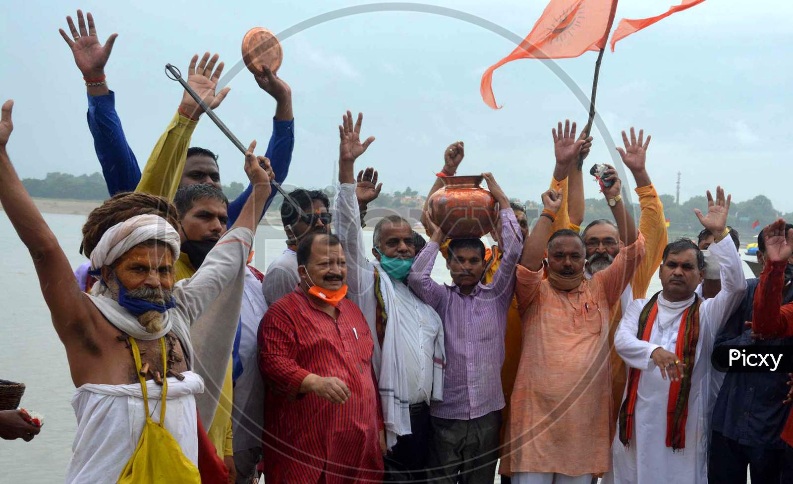 VHP workers carry holy water of Sangam in Prayagraj, which will be used in the foundation of laying ceremony of Ram Mandir in Ayodhya.
