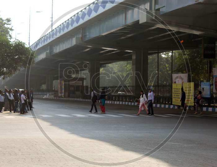 Park Street flyover, crowd and road on a winter day, at Park Street, Kolkata.