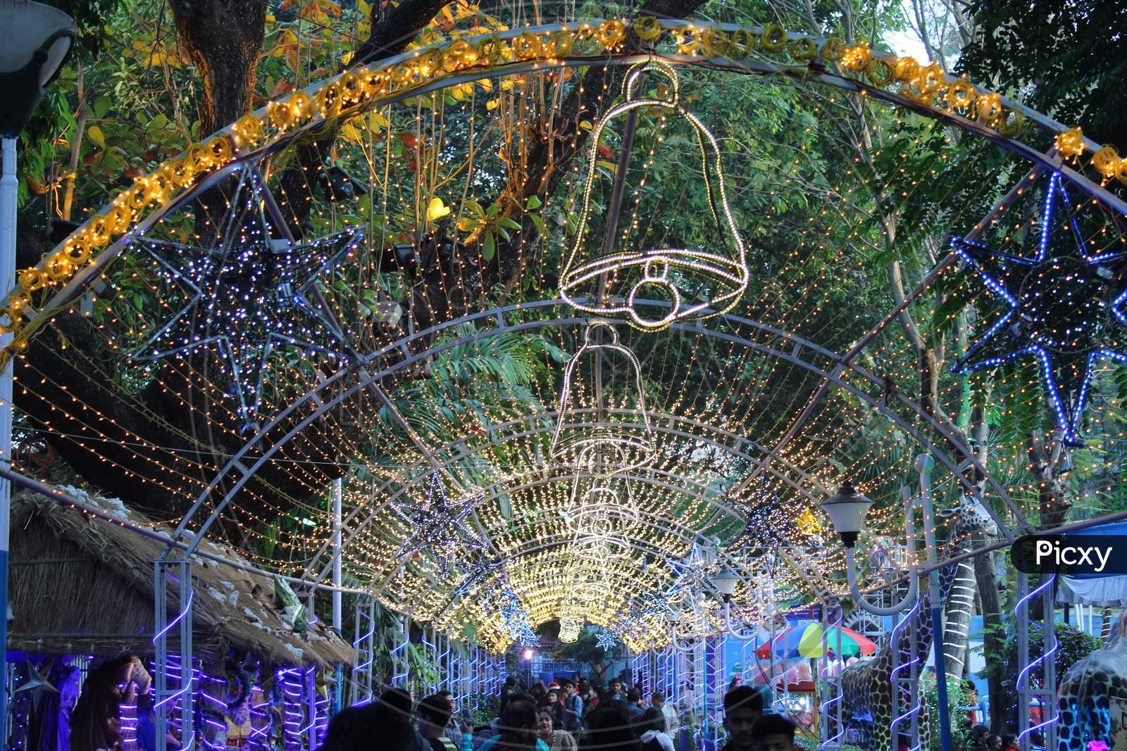Colorful lighting decoration and crowd on Christmas time at Park Street, Allen Park,  Kolkata.
