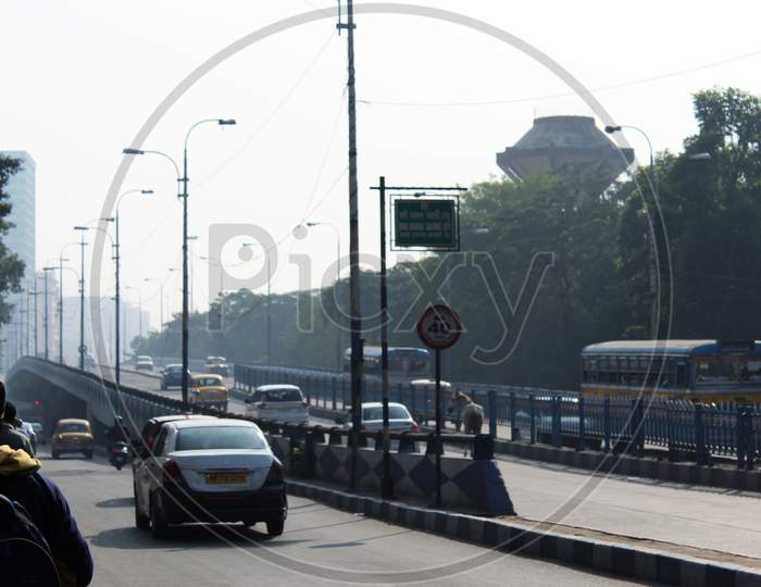 Esplanade to Park Street flyover and road on a foggy winter morning, at Esplanade, Kolkata.