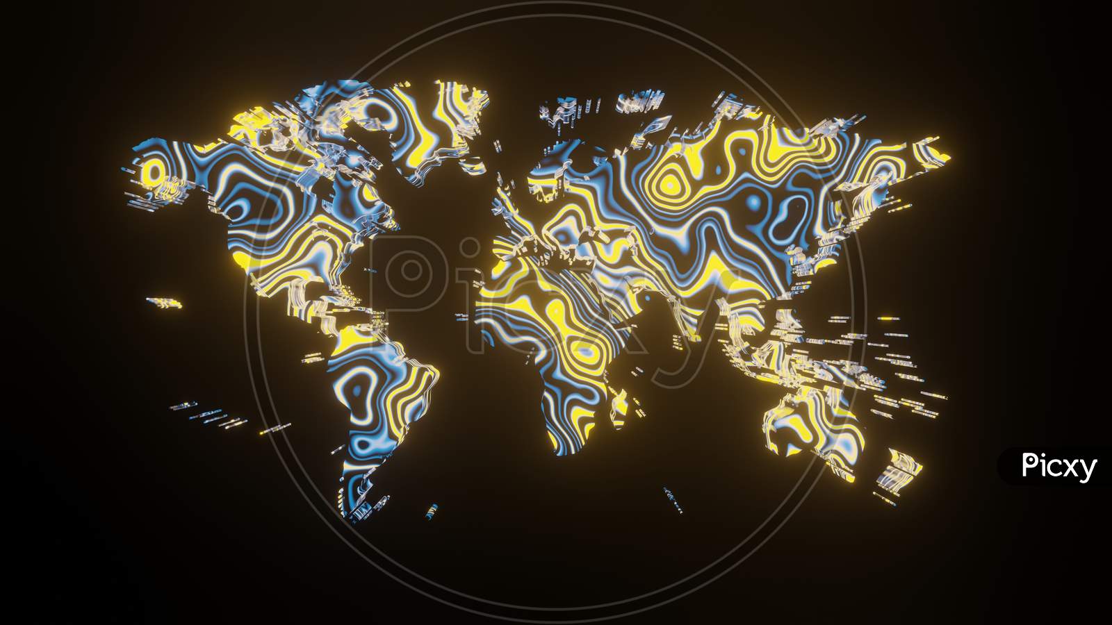 Illustration Graphic Of Beautiful Texture Or Pattern Formation On The World Map, Isolated On Black Background. 3D Abstract Loop Neon Lighting Effect On World Map.
