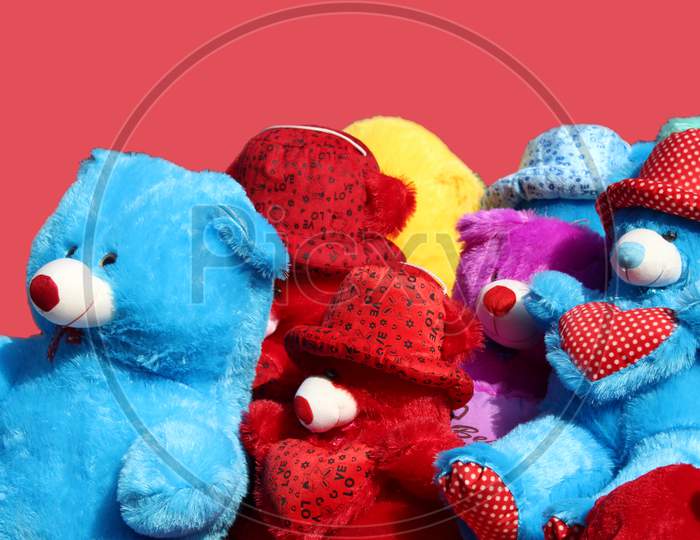 Colorful Teddy Bears selling on a open shop at a busy market, at Esplanade, Kolkata.